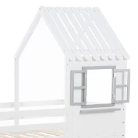 Lit superposé avec main courante et fenêtre, lit maison, lit enfant avec protection contre les chutes et grille, sans matelas, 90×200 cm, Blanc(m-5)