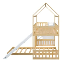 Letto a castello per bambini 6+ anni con scala e scivolo, spazio contenitore,90x200 cm, naturale(m-10)