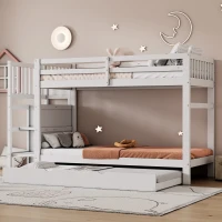 Letto a castello con tre posti letto e quattro cassetti, scala sicura, senza materasso, 90x200 cm & 90x190 cm, Bianco(m-5)