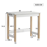 Bureau avec roulettes directionnelles, 80x43,5 cm, Blanc+naturel(m-3)