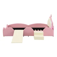 Letto Principessa con Striscia LED, Scivolo e Scala, Design Cartoon con Corona, Senza Materasso, 90x200 cm, Rosa(m-14)