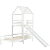 Lit cabane avec toit, tour de jeu avec protection contre les chutes, sans matelas, 200x90 cm & 100x90 cm, Blanc(m-2)