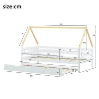 Letto a Casetta Con Letto Estraibile e Ruote, Letto Per Cameretta Senza Materasso, in Legno, 90x200&90x190 cm, Bianco(m-3)