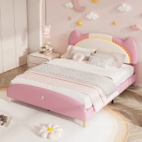 Letto Imbottito con Striscia LED e Doghe in Legno, Letto con Testiera, Rivestimento in Pelle PU, Senza Materasso, 140×200 cm, Bianco e Rosa(m-1)