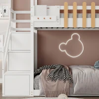 Lit superposé avec escalier, fenêtre et étagère, sans matelas, 90×200 cm, Blanc(m-5)