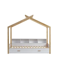 Letto per bambini con quattro scomparti a scaffale e letto estraibile, letto a casetta, 90x200 cm & 90x190 cm, Bianco+naturale(m-9)