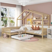 Letto per bambini a forma di casetta con cassetti e scaffali, senza materasso, 90x200 cm + 140x70 cm,naturale(m-4)