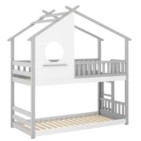 Letto a castello con scala verticale e protezione anticaduta, letto a casetta, senza materasso, 90x200 cm, Bianco+Grigio(m-2)