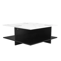 Quadratischer Couchtisch, modernes minimalistisches Design, weiße Marmoroptik, vier offene Ablagefächer, 72×72×31.5 cm，Schwarz Weiß(m-10)