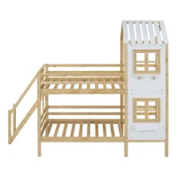 Lit superposé avec main courante et fenêtre, lit maison, lit pour enfants avec protection contre les chutes et barrière, sans matelas, 200x90 cm, naturelle(m-8)