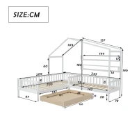 Letto per bambini con cassetti e scaffali, struttura a L, senza materasso, 90x200 cm+140x70 cm, Bianco(m-3)