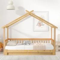 Letto a Casetta Espandibile con Ringhiera su Tre Lati, Letto per Cameretta, Letto Montessori, Senza Materasso, in Legno, 200x90 cm, Naturale(m-1)
