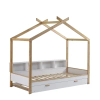 Letto per bambini con quattro scomparti a scaffale e letto estraibile, letto a casetta, 90x200 cm & 90x190 cm, Bianco+naturale(m-2)