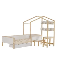 Lit pour enfant en forme de maison avec tiroirs et étagères, sans matelas, 90x200 cm, Blanc(m-2)