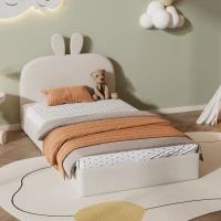 Letto imbottito con testiera a forma di coniglio, letto per bambini con doghe in legno, senza materasso, 90×200 cm, Beige(m-5)