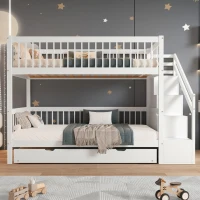 Lit superposé avec lit gigogne et armoire à échelle, sans matelas, 90x190 cm & 90x200 cm, Blanc(m-1)