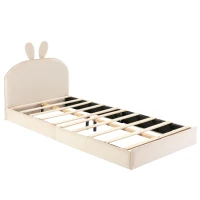 Letto imbottito con testiera a forma di coniglio, letto per bambini con doghe in legno, senza materasso, 90×200 cm, Beige(m-2)