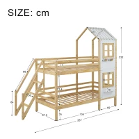 Lit superposé avec main courante et fenêtre, lit maison, lit pour enfants avec protection contre les chutes et barrière, sans matelas, 200x90 cm, naturelle(m-3)