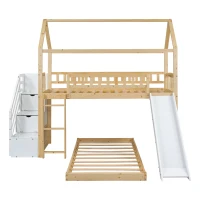Letto a castello per bambini 6+ anni con scala e scivolo, spazio contenitore,90x200 cm, naturale(m-9)