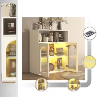 Credenza con anta in vetro e luce LED, Mobiletto per Cucina, Casa, Soggiorno, Bianco(m-6)