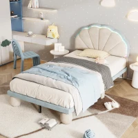 Lit rembourré avec bandes lumineuses multicolores et tête de lit ondulée, sans matelas, 90×200 cm, Bleu+Crème(m-1)