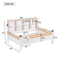 Lit pour enfant avec barrière de sécurité et grille, sans matelas, 140x200 cm, Blanc+Naturel(m-3)