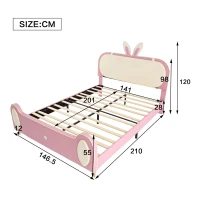 Letto Imbottito con Testiera a Forma di Coniglio e Striscia LED, Letto per Cameretta Senza Materasso, in Pelle PU e MDF, 140x200 cm, Bianco e Rosa(m-3)