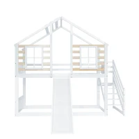 Letto a castello per bambini 6+ anni con scala e sponda, con scivolo e finestra, senza materasso, 90x200 cm, Bianco(m-10)