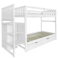 Letto a castello con tre posti letto e quattro cassetti, scala sicura, senza materasso, 90x200 cm & 90x190 cm, Bianco(m-2)