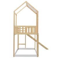 Letto a castello per bambini 6+ anni con scala ad angolo retto e scivolo, letto a casetta, 200x90 cm,naturale(m-10)