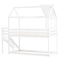 Letto a castello con scala e finestra, letto per bambini con protezione anticaduta e sponde, senza materasso, 200x90 cm, Bianco(m-10)