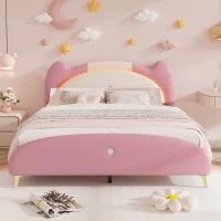 Letto Imbottito con Striscia LED e Doghe in Legno, Letto con Testiera, Rivestimento in Pelle PU, Senza Materasso, 140×200 cm, Bianco e Rosa(m-7)