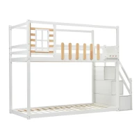 Lit superposé avec escalier, fenêtre et étagère, sans matelas, 90×200 cm, Blanc(m-2)