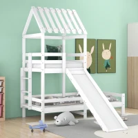 Lit cabane avec toit, tour de jeu avec protection contre les chutes, sans matelas, 200x90 cm & 100x90 cm, Blanc(m-5)