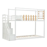 Lit superposé avec escalier, fenêtre et étagère, sans matelas, 90×200 cm, Blanc(m-10)