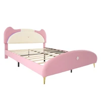 Letto Imbottito con Striscia LED e Doghe in Legno, Letto con Testiera, Rivestimento in Pelle PU, Senza Materasso, 140×200 cm, Bianco e Rosa(m-2)