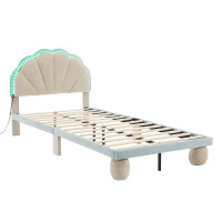 Lit rembourré avec bandes lumineuses multicolores et tête de lit ondulée, sans matelas, 90×200 cm, Bleu+Crème(m-9)