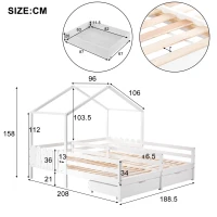 Lit cabane avec 2 tiroirs sur roulettes, sans matelas, 200×90 cm, Blanc(m-3)