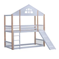 Letto a castello con finestre e scivolo, senza materasso, 90x200 cm, Bianco(m-2)