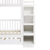 Lit superposé avec lit gigogne et armoire à échelle, sans matelas, 90x190 cm & 90x200 cm, Blanc(m-8)