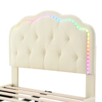 Lit rembourré avec tête de lit ondulée et bande LED, lit pour enfants avec lattes en bois, sans matelas, 90×200 cm, Blanc(m-6)