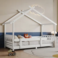 Lit maison en bois avec barrière et sommier à lattes,sans matelas, 90x200 cm, Blanc(m-5)