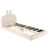 Cama tapizada con cabecero en forma de conejo, cama infantil con lamas de madera, sin colchón, 90×200 cm, Beige