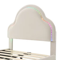Letto Imbottito con Testiera a Nuvola e Striscia LED, 14 Doghe in Legno, Rivestimento in Velluto, Senza Materasso, 90x200 cm, Bianco(m-9)