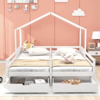 Letto a Casetta con 2 Cassetti su Ruote, Letto per Cameretta, Rete a Doghe, Senza Materasso, in Legno, 200×90 cm, Bianco(m-1)