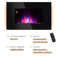 HOMCOM Soba Electrica de Perete sau Sol 2000W cu Flama LED 7 Culori, Negru, 90x56x9.5cm(m-4)