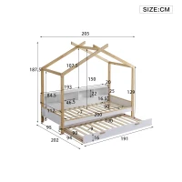 Letto per bambini con quattro scomparti a scaffale e letto estraibile, letto a casetta, 90x200 cm & 90x190 cm, Bianco+naturale(m-3)