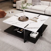 Table basse carrée, design moderne minimaliste, aspect marbre blanc, quatre compartiments de rangement ouverts, Noir+Blanc(m-1)