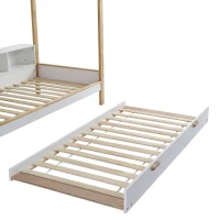 Letto per bambini con quattro scomparti a scaffale e letto estraibile, letto a casetta, 90x200 cm & 90x190 cm, Bianco+naturale(m-8)