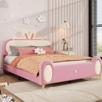 Letto Imbottito con Testiera a Forma di Coniglio e Striscia LED, Letto per Cameretta Senza Materasso, in Pelle PU e MDF, 140x200 cm, Bianco e Rosa(m-8)